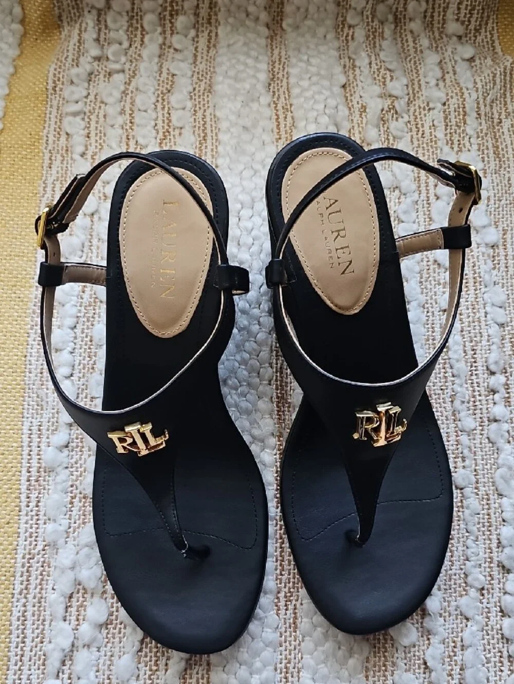 Lauren Ralph Lauren Black Gold RL Logo Wedge Sandals